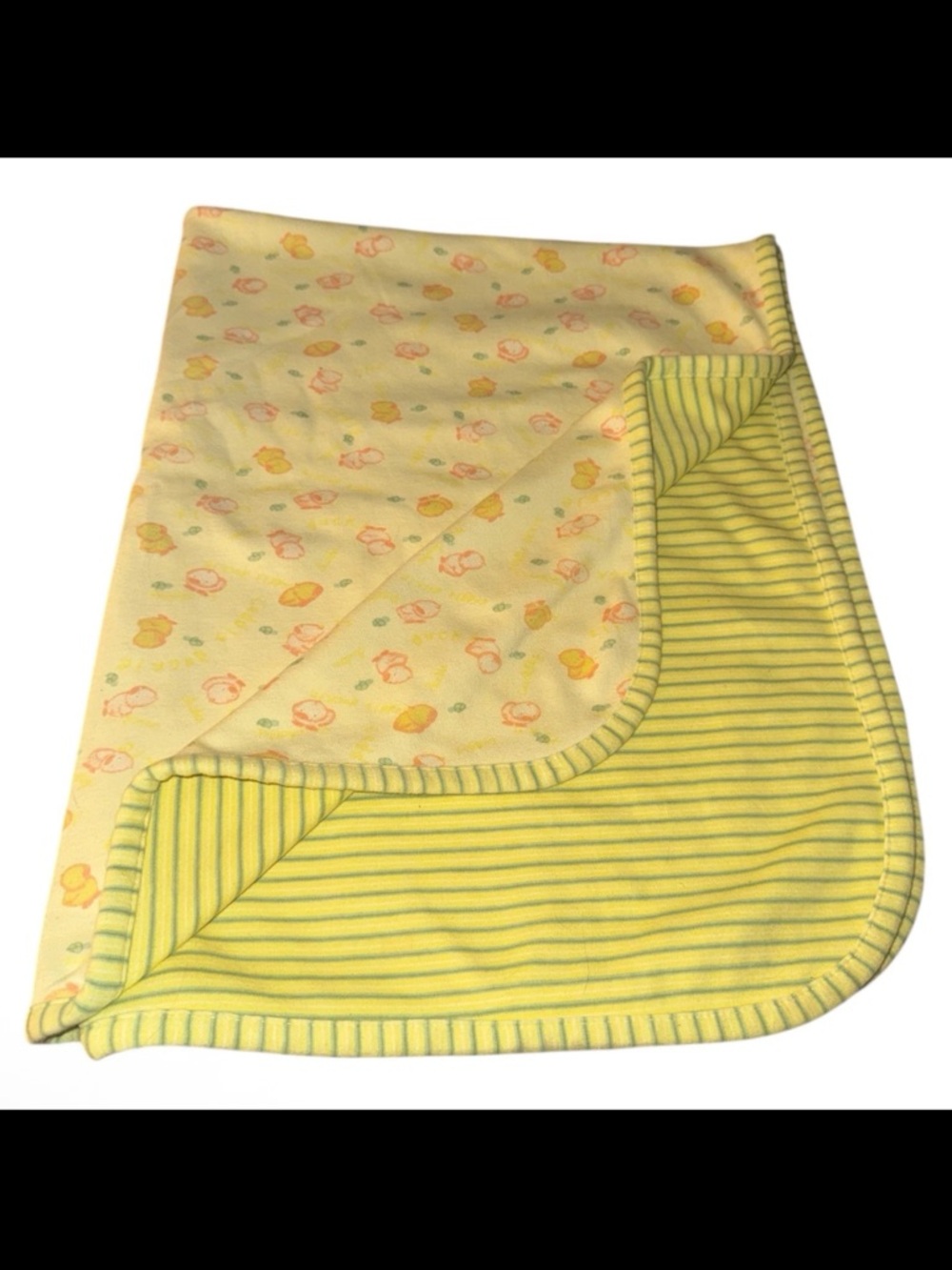 Tykes Carters Duck Turtle Reversible Striped Baby Blanket Yellow Green 30x40